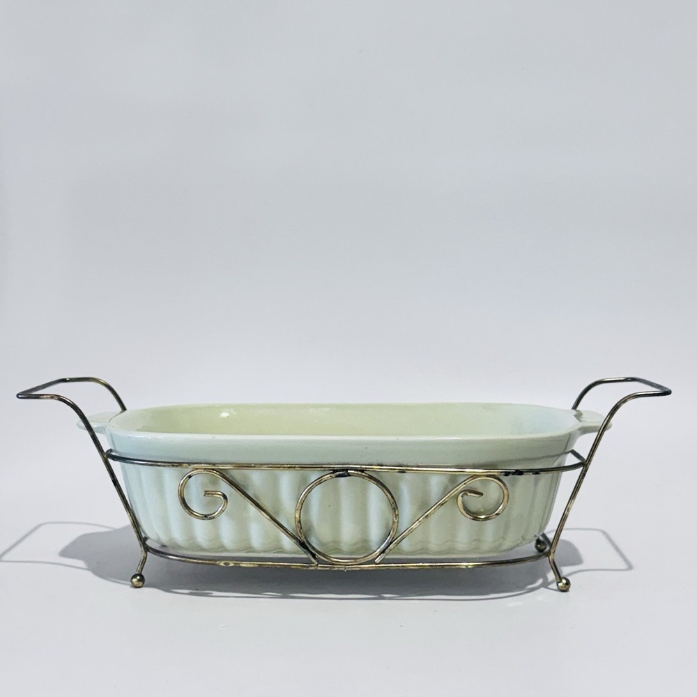 Vintage Pfaltzgraff 32oz Casserole Stoneware in‎ Gold Metal Holder No 1093